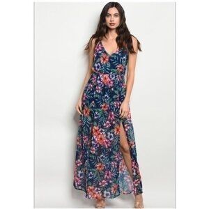 Navy Red Maxi Floral Dress